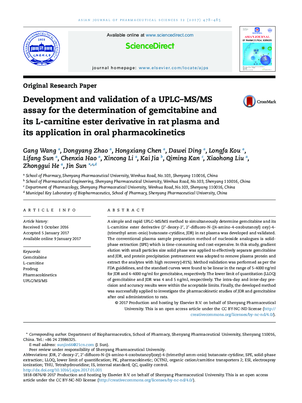 Development and validation of a UPLC-MS/MS assay for the determination of gemcitabine and its L-carnitine ester derivative in rat plasma and its application in oral pharmacokinetics