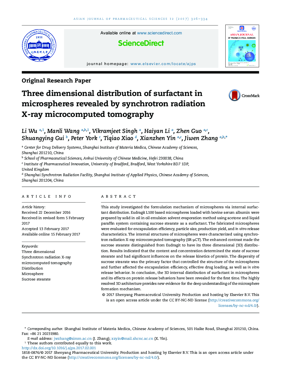 Three dimensional distribution of surfactant in microspheres revealed by synchrotron radiation X-ray microcomputed tomography