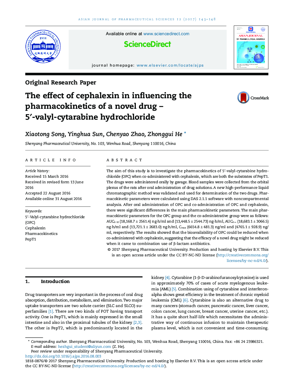 The effect of cephalexin in influencing the pharmacokinetics of a novel drug - 5â²-valyl-cytarabine hydrochloride