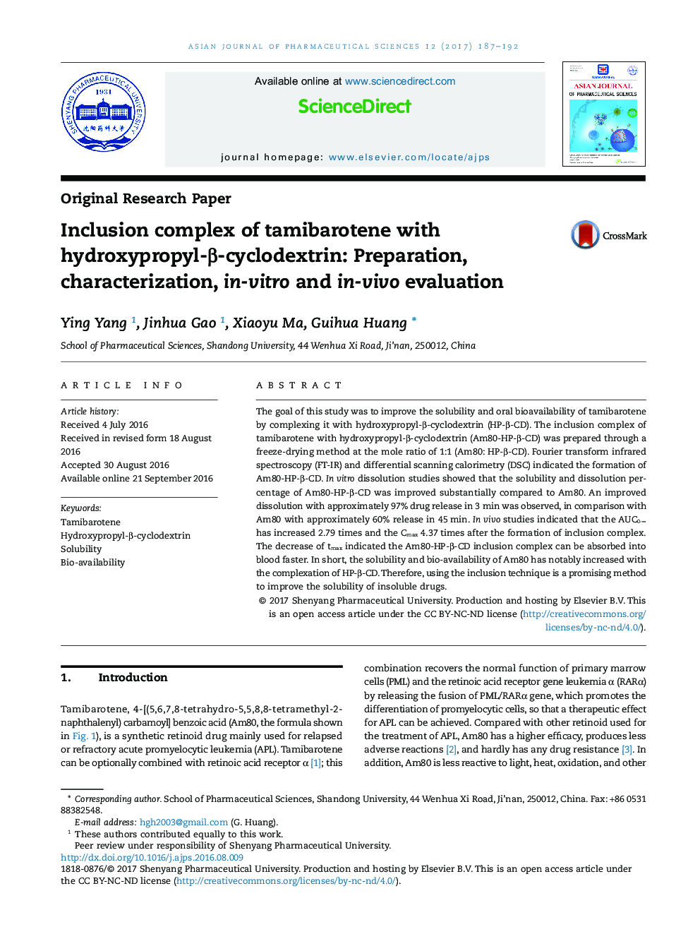 Inclusion complex of tamibarotene with hydroxypropyl-Î²-cyclodextrin: Preparation, characterization, in-vitro and in-vivo evaluation