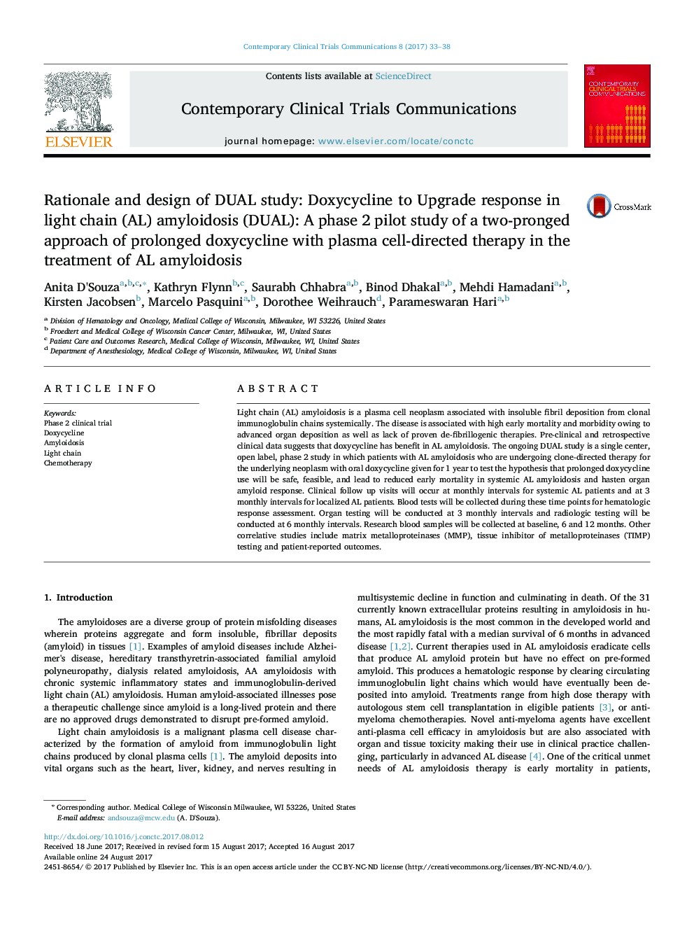 Rationale and design of DUAL study: Doxycycline to Upgrade response in light chain (AL) amyloidosis (DUAL): A phase 2 pilot study of a two-pronged approach of prolonged doxycycline with plasma cell-directed therapy in the treatment of AL amyloidosis
