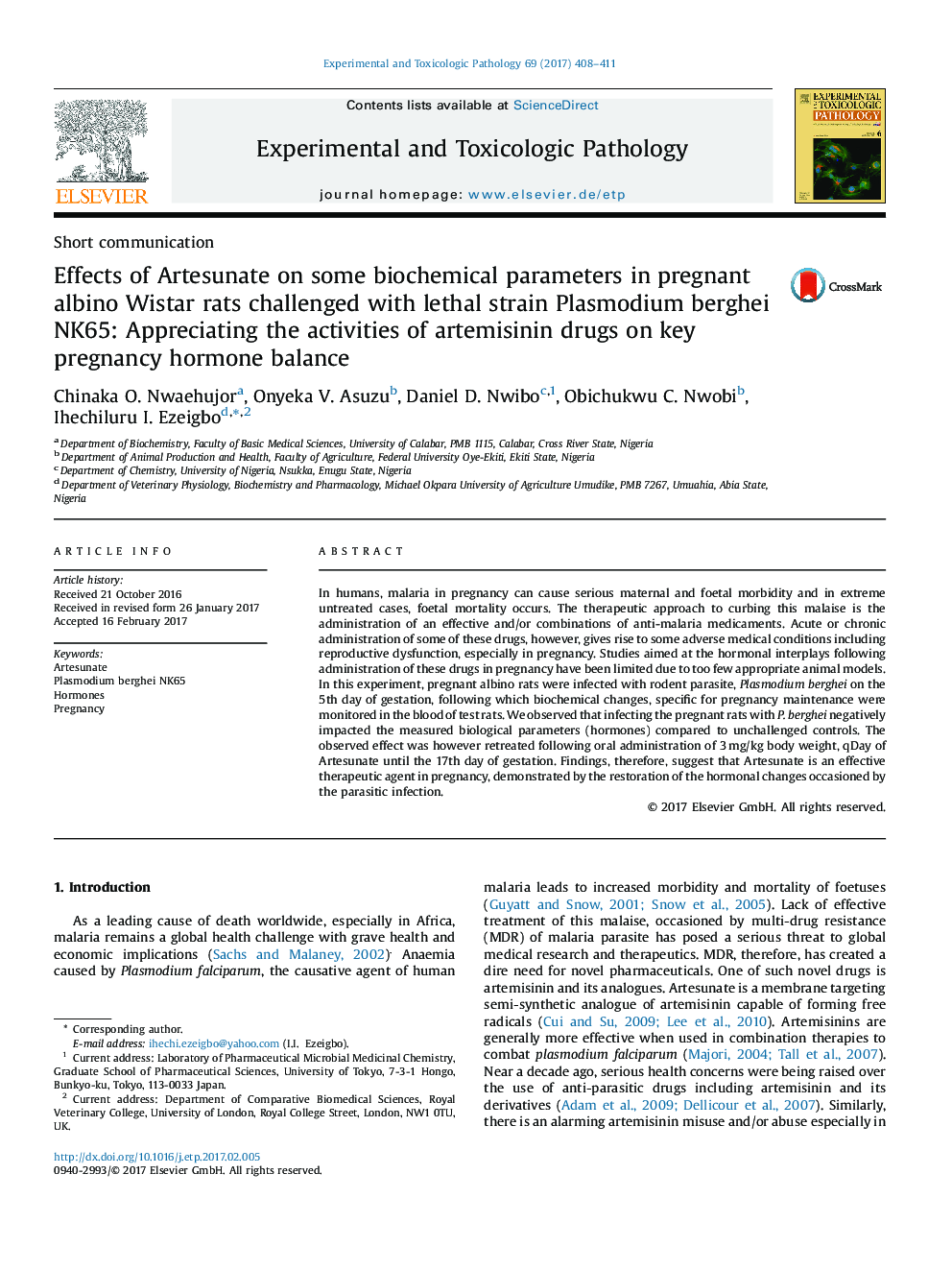 Effects of Artesunate on some biochemical parameters in pregnant albino Wistar rats challenged with lethal strain Plasmodium berghei NK65: Appreciating the activities of artemisinin drugs on key pregnancy hormone balance
