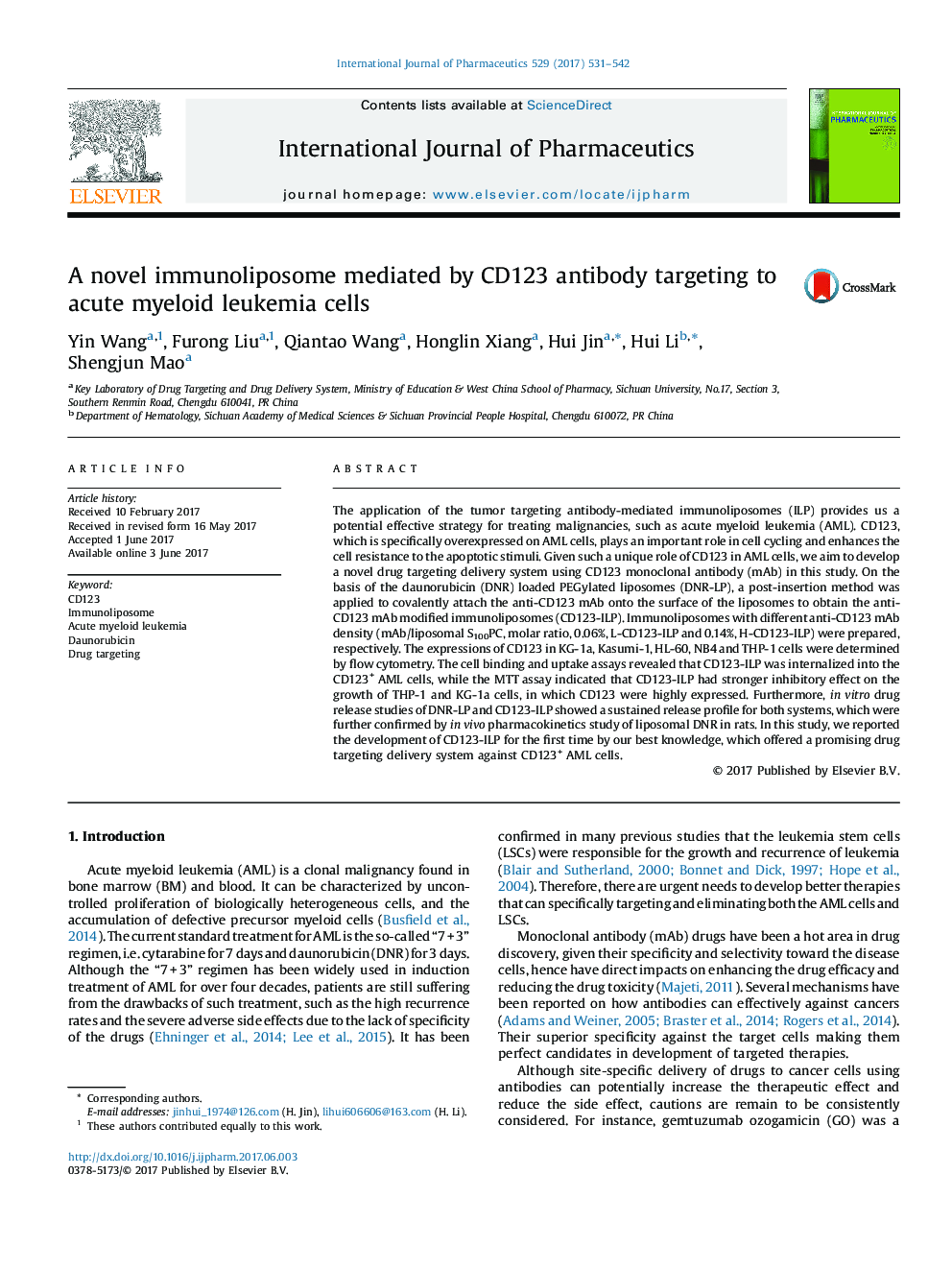 A novel immunoliposome mediated by CD123 antibody targeting to acute myeloid leukemia cells