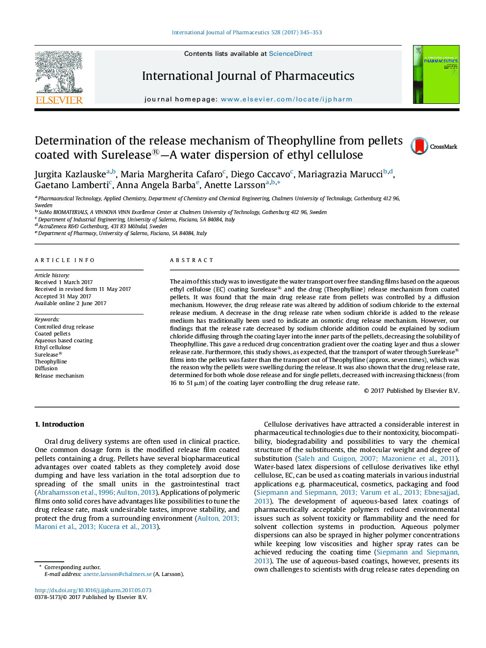 Determination of the release mechanism of Theophylline from pellets coated with Surelease®-A water dispersion of ethyl cellulose