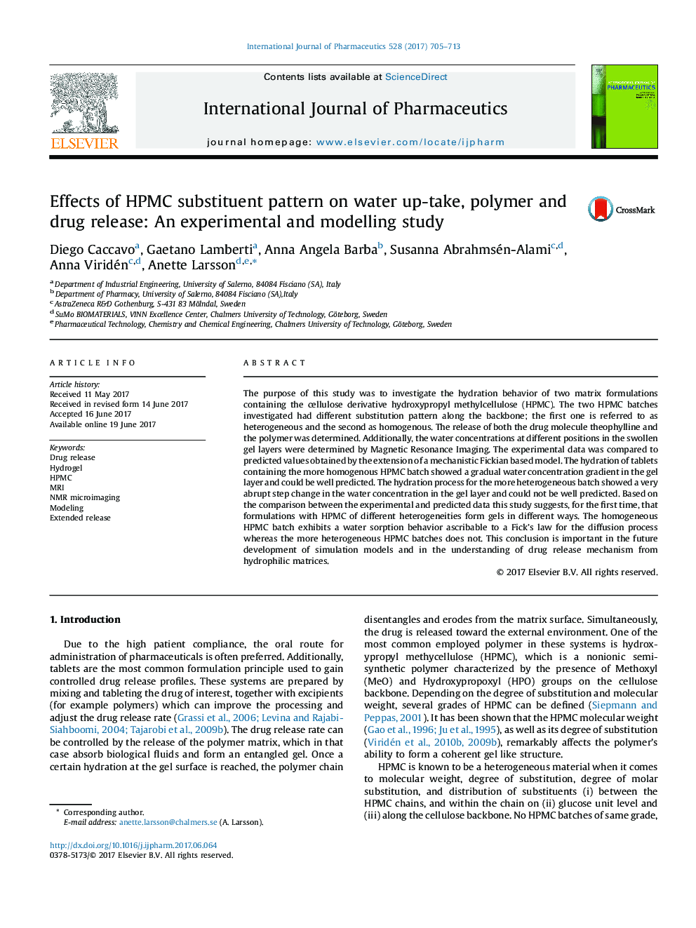 Effects of HPMC substituent pattern on water up-take, polymer and drug release: An experimental and modelling study