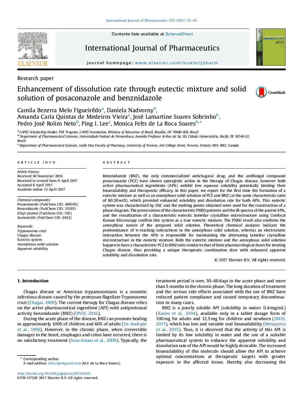 Enhancement of dissolution rate through eutectic mixture and solid solution of posaconazole and benznidazole