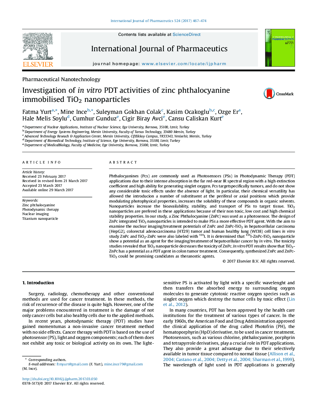 Investigation of in vitro PDT activities of zinc phthalocyanine immobilised TiO2 nanoparticles