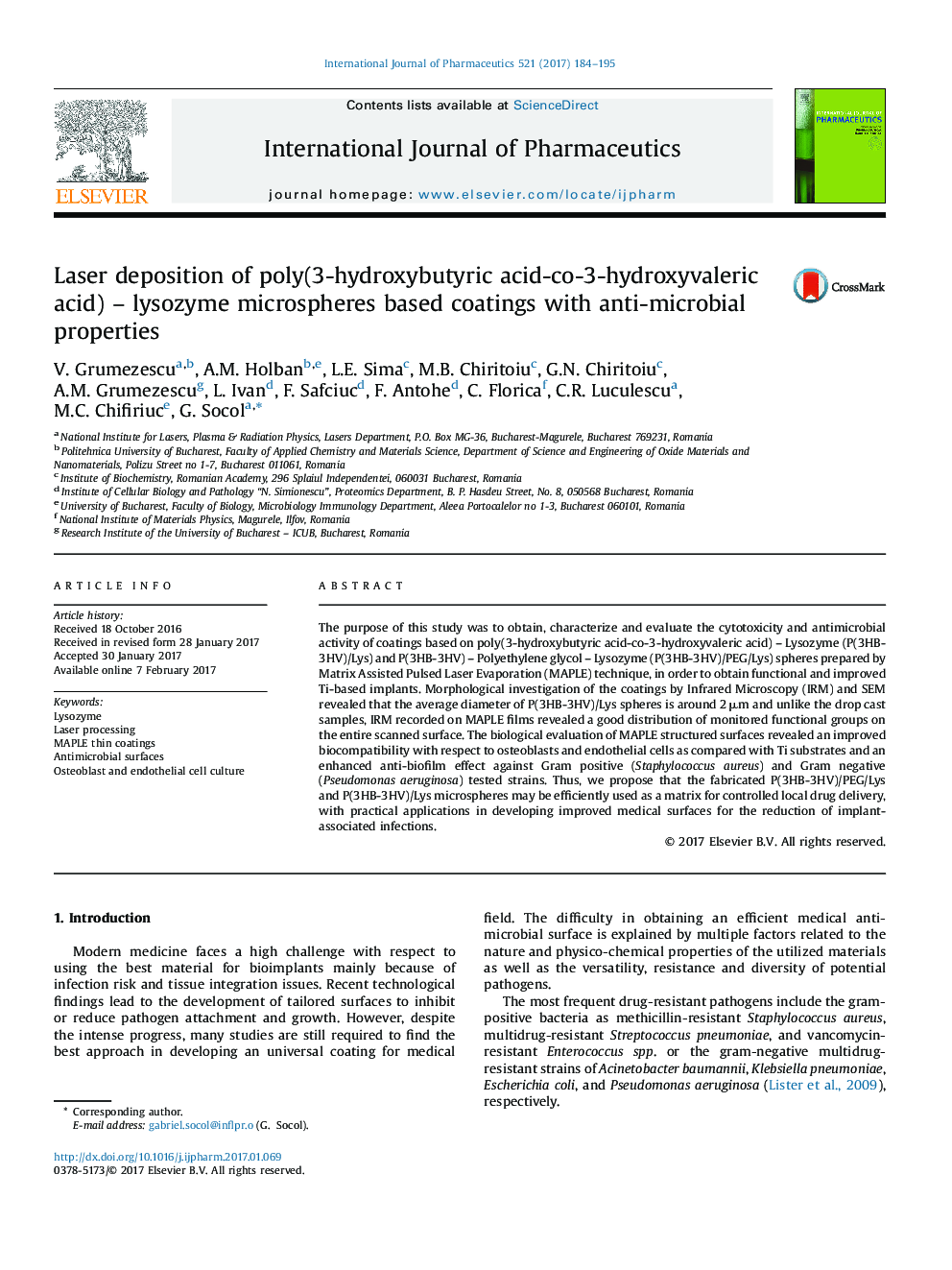 Laser deposition of poly(3-hydroxybutyric acid-co-3-hydroxyvaleric acid) - lysozyme microspheres based coatings with anti-microbial properties