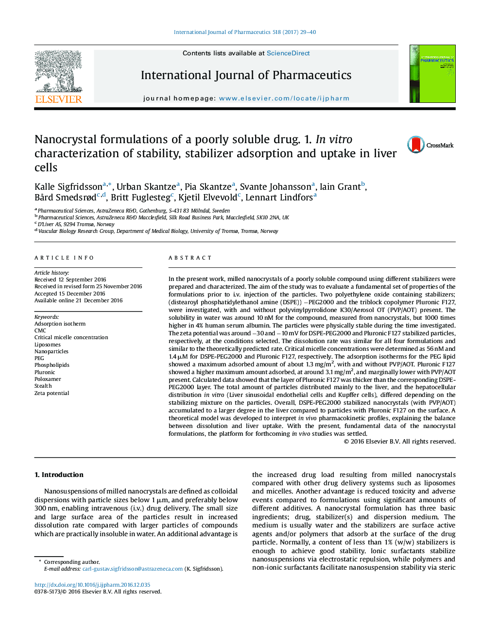 Nanocrystal formulations of a poorly soluble drug. 1. In vitro characterization of stability, stabilizer adsorption and uptake in liver cells