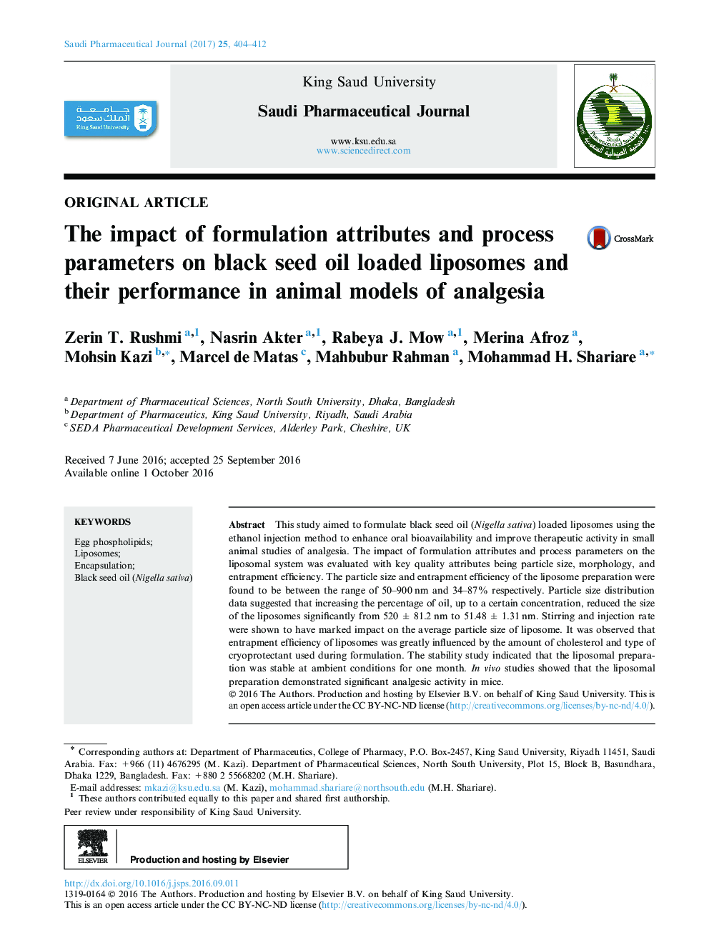 تأثیر پارامترهای فرموله سازی و پارامترهای فرایند بر روی لیپوزوم های باردهی روغن سیاه دانه و عملکرد آنها در مدل های حیوانی بیهوشی 
