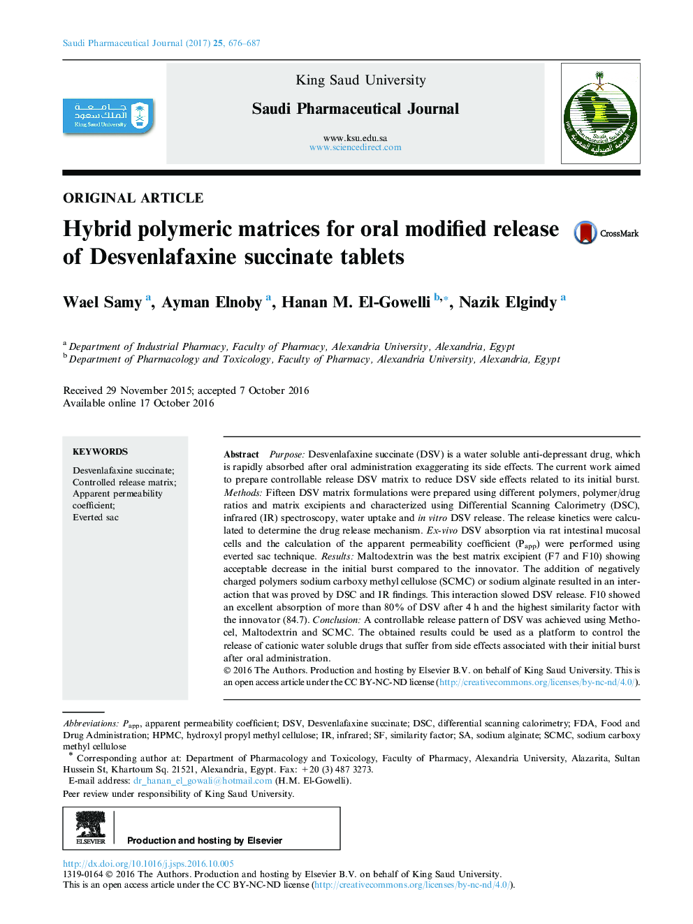 Hybrid polymeric matrices for oral modified release of Desvenlafaxine succinate tablets