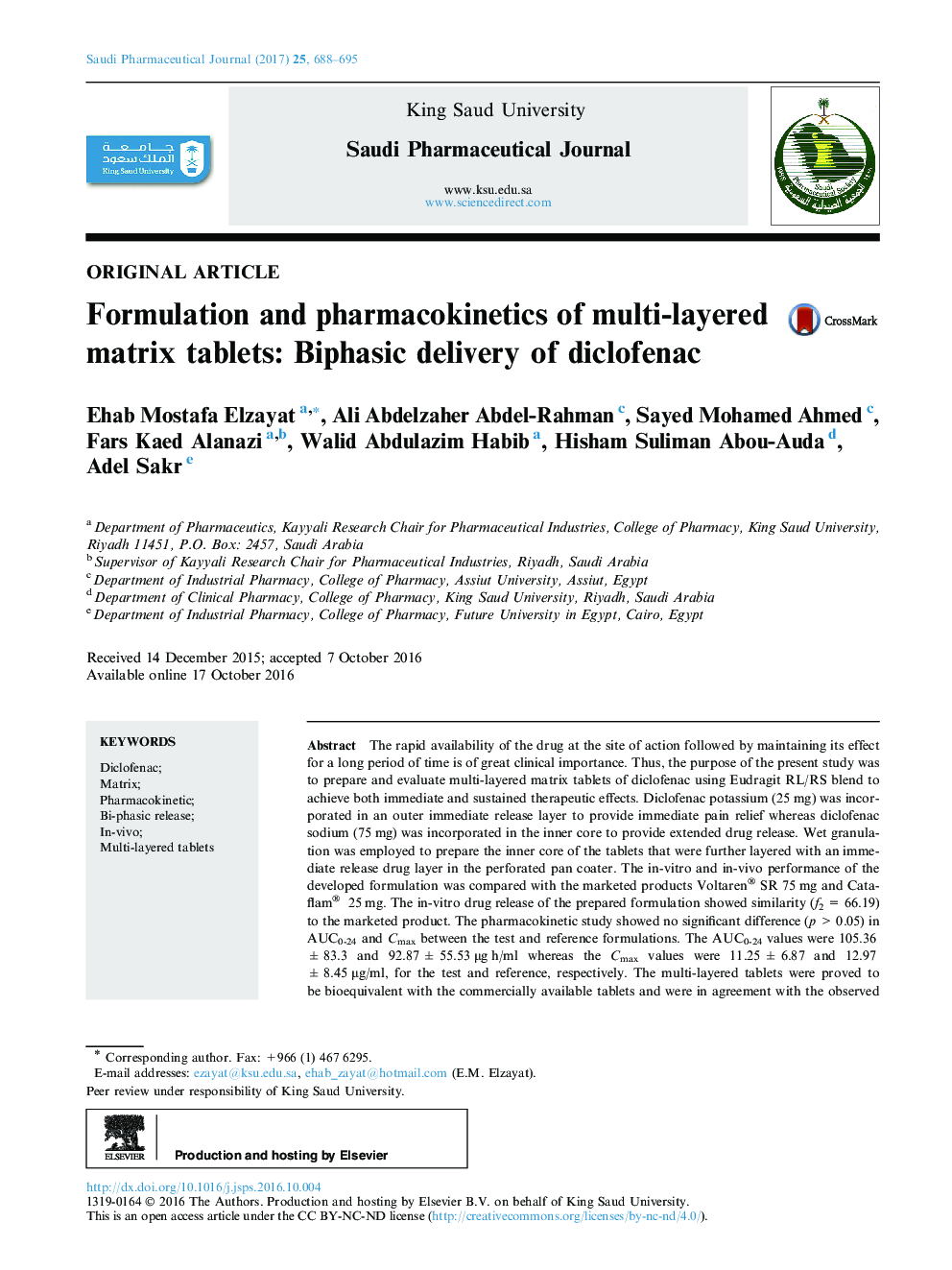 Formulation and pharmacokinetics of multi-layered matrix tablets: Biphasic delivery of diclofenac