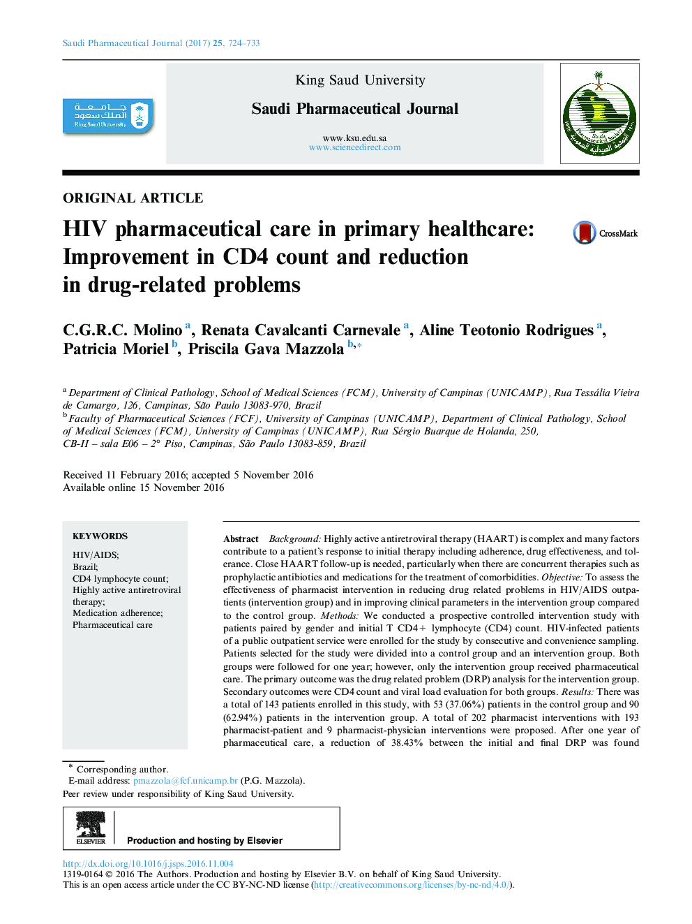 HIV pharmaceutical care in primary healthcare: Improvement in CD4 count and reduction in drug-related problems