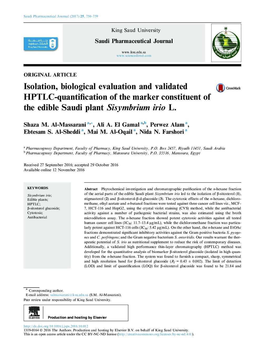 Isolation, biological evaluation and validated HPTLC-quantification of the marker constituent of the edible Saudi plant Sisymbrium irio L.