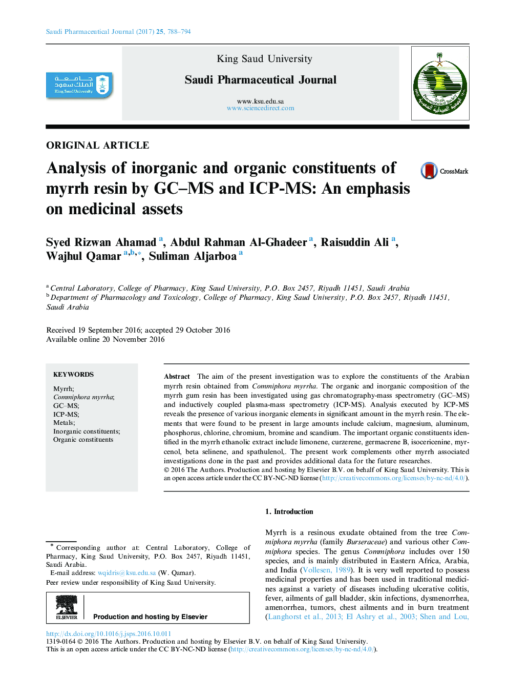 Analysis of inorganic and organic constituents of myrrh resin by GC-MS and ICP-MS: An emphasis on medicinal assets