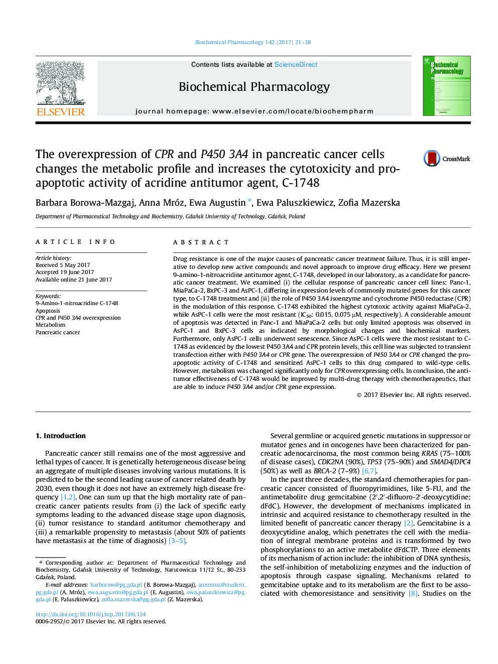 The overexpression of CPR and P450 3A4 in pancreatic cancer cells changes the metabolic profile and increases the cytotoxicity and pro-apoptotic activity of acridine antitumor agent, C-1748