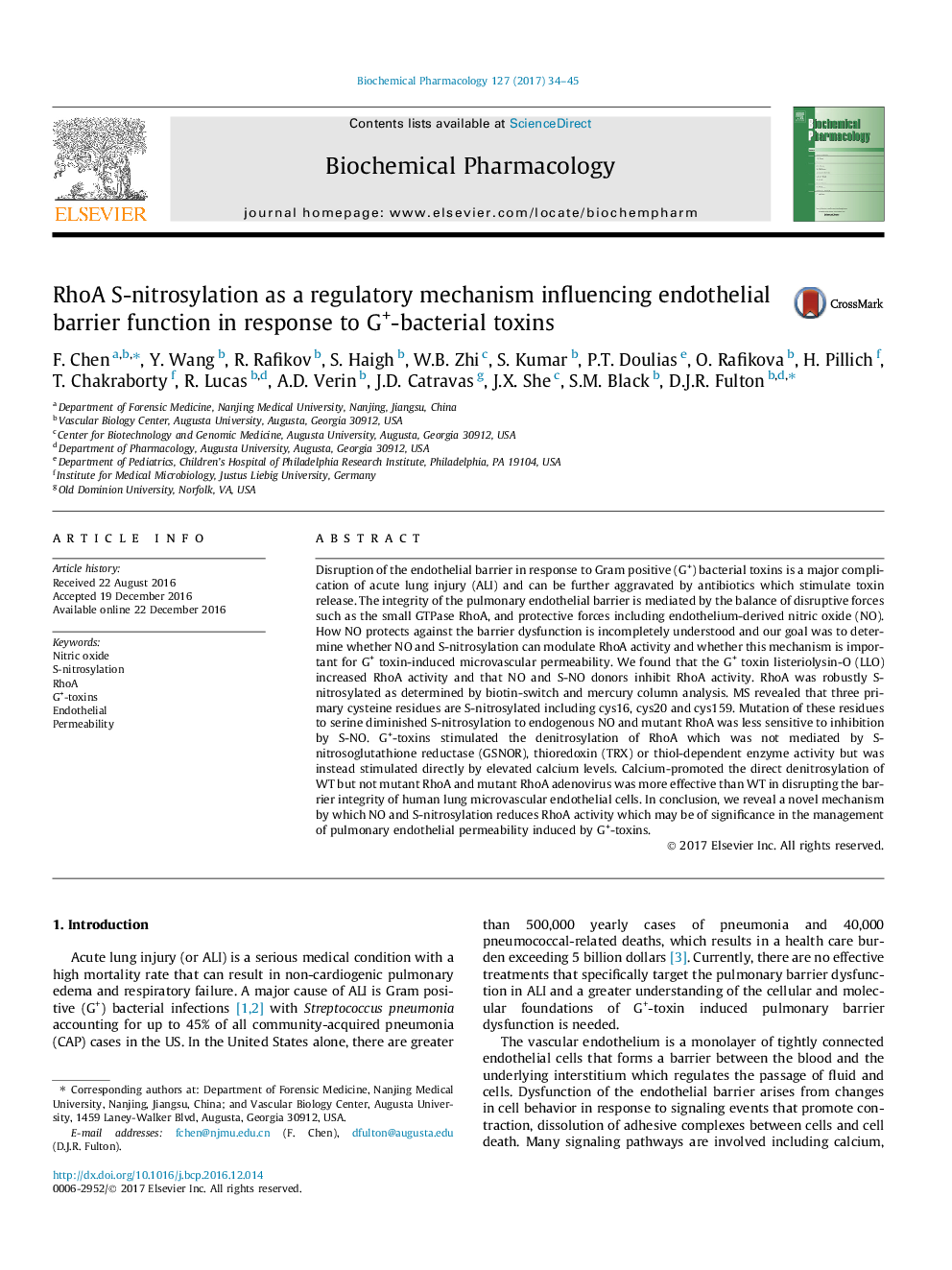 RhoA S-nitrosylation as a regulatory mechanism influencing endothelial barrier function in response to G+-bacterial toxins