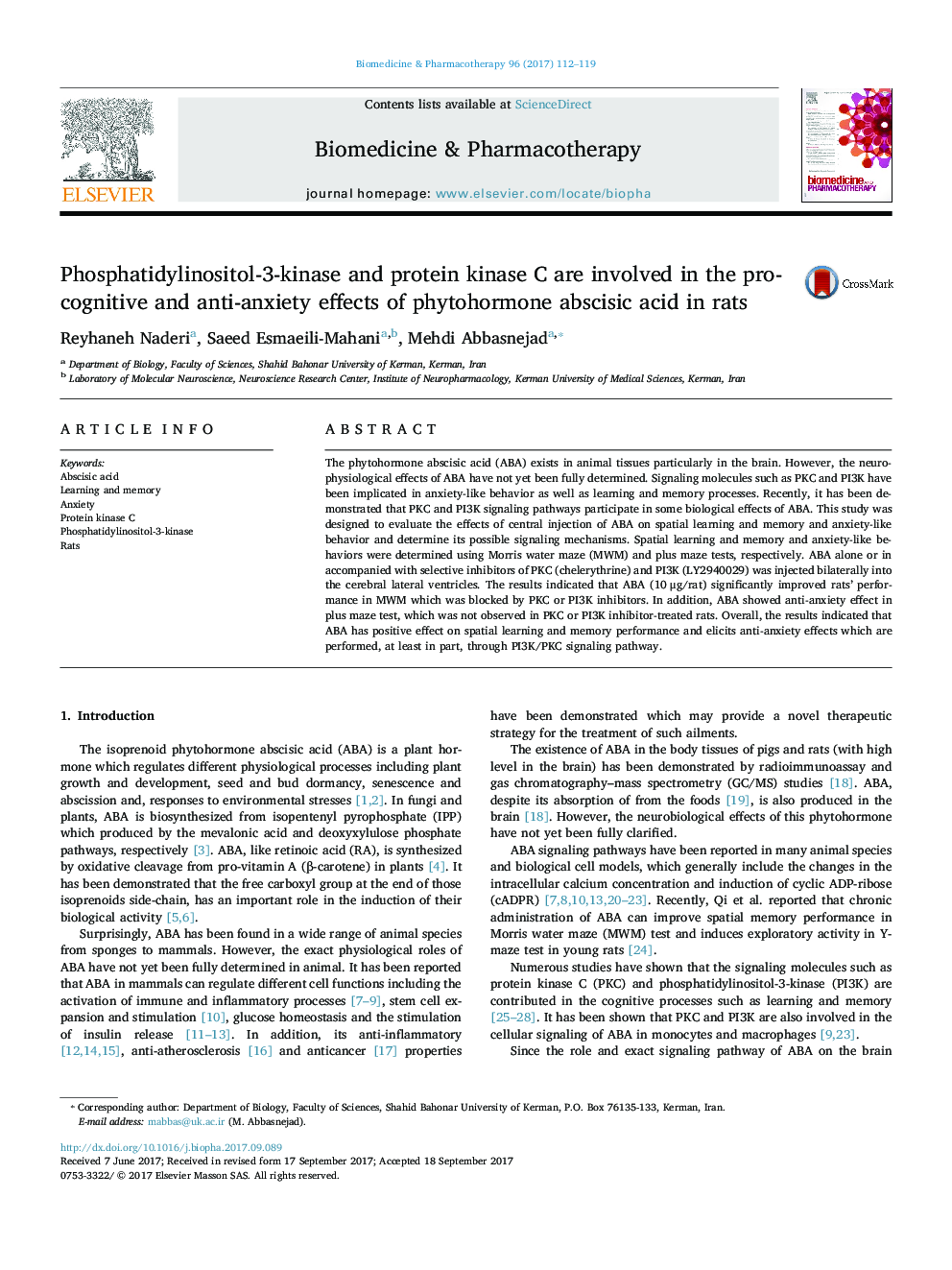 Phosphatidylinositol-3-kinase and protein kinase C are involved in the pro-cognitive and anti-anxiety effects of phytohormone abscisic acid in rats