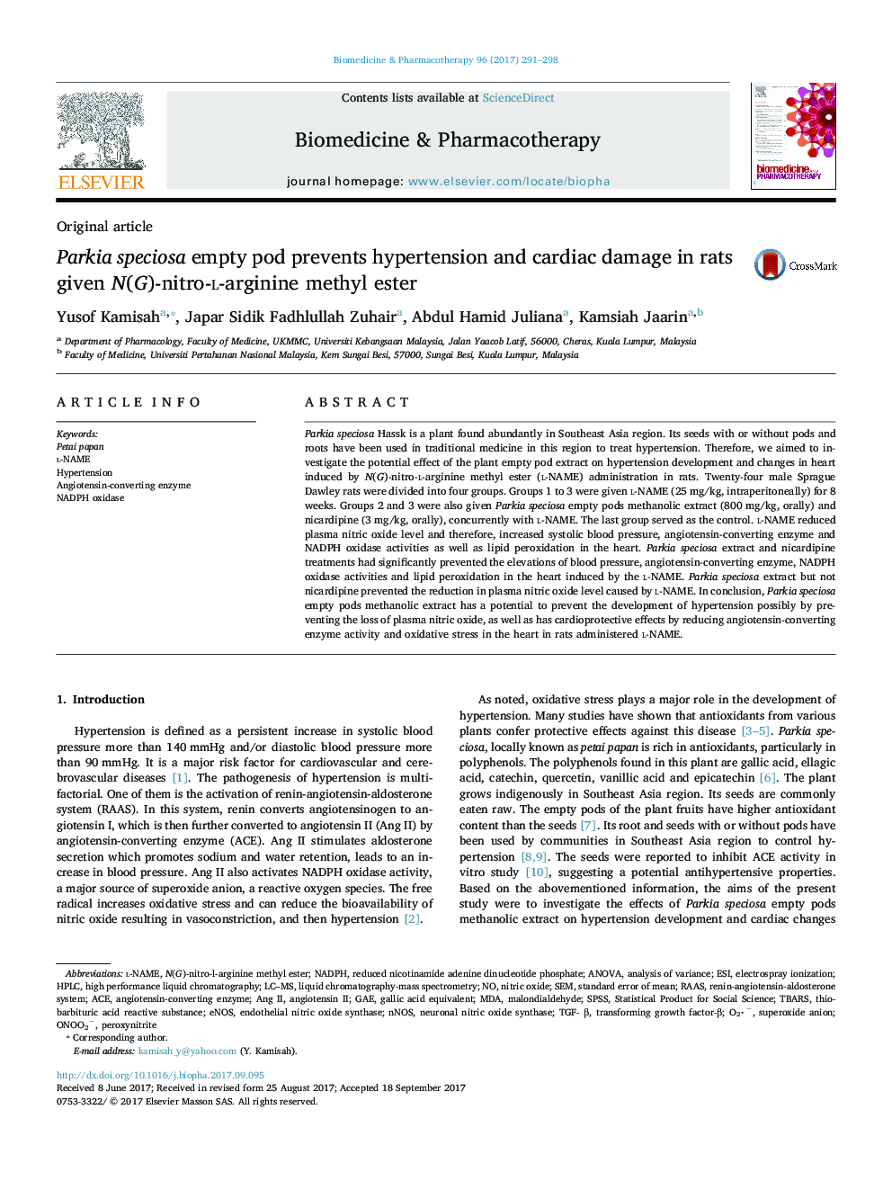 Parkia speciosa empty pod prevents hypertension and cardiac damage in rats given N(G)-nitro-l-arginine methyl ester