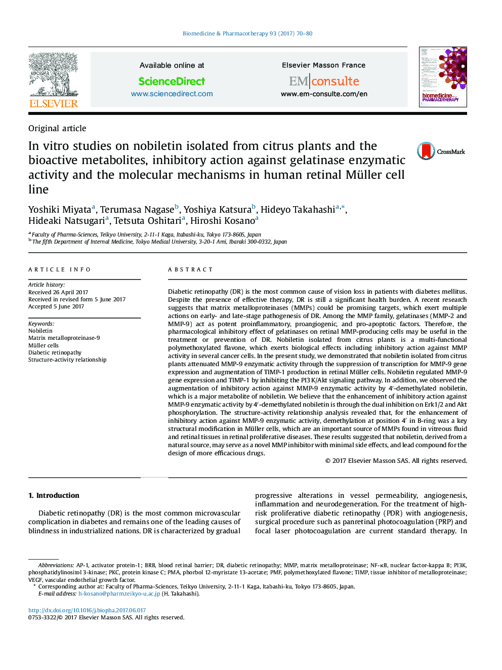 In vitro studies on nobiletin isolated from citrus plants and the bioactive metabolites, inhibitory action against gelatinase enzymatic activity and the molecular mechanisms in human retinal Müller cell line