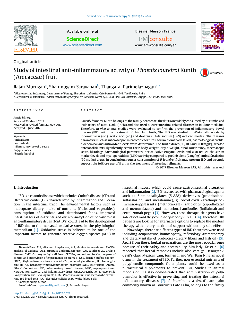 Study of intestinal anti-inflammatory activity of Phoenix loureiroi Kunth (Arecaceae) fruit