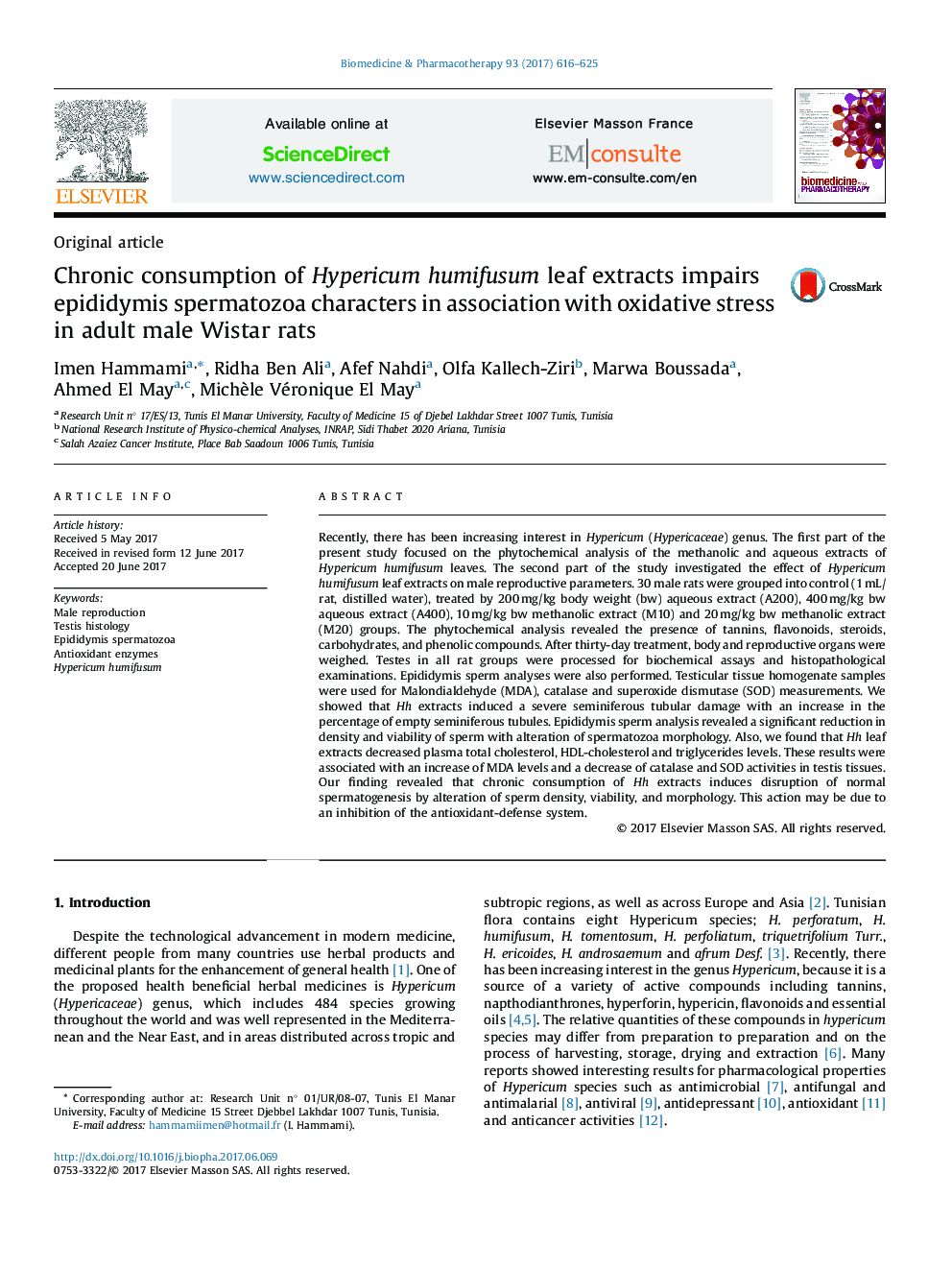 Chronic consumption of Hypericum humifusum leaf extracts impairs epididymis spermatozoa characters in association with oxidative stress in adult male Wistar rats