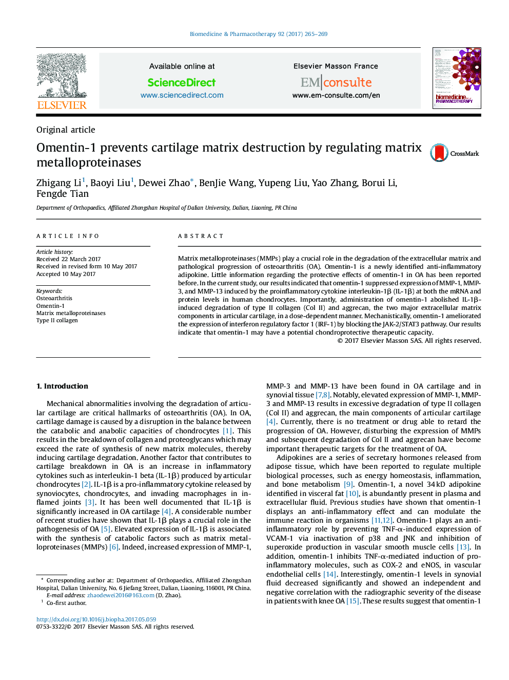 Omentin-1 prevents cartilage matrix destruction by regulating matrix metalloproteinases