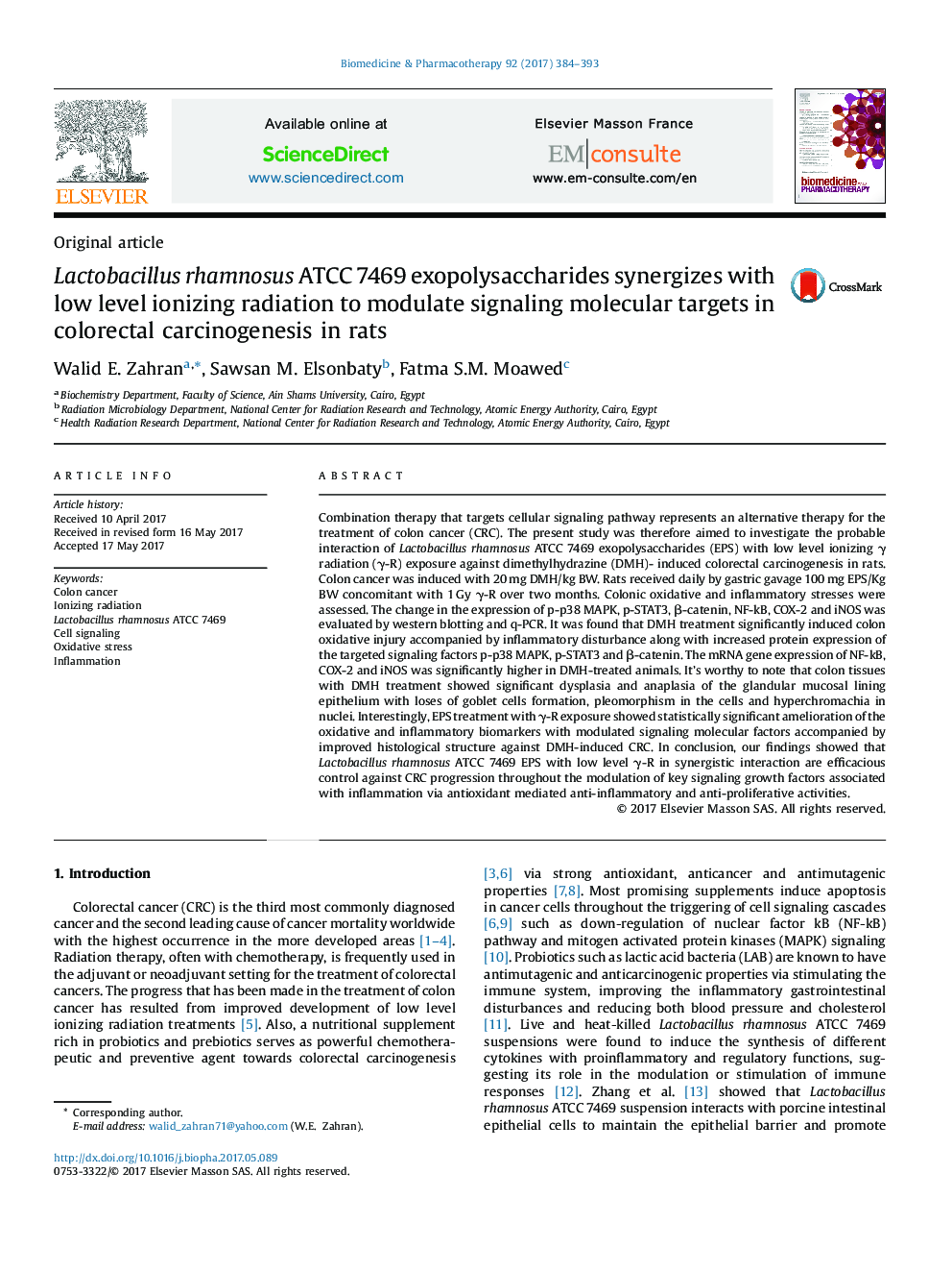 Lactobacillus rhamnosus ATCC 7469 exopolysaccharides synergizes with low level ionizing radiation to modulate signaling molecular targets in colorectal carcinogenesis in rats