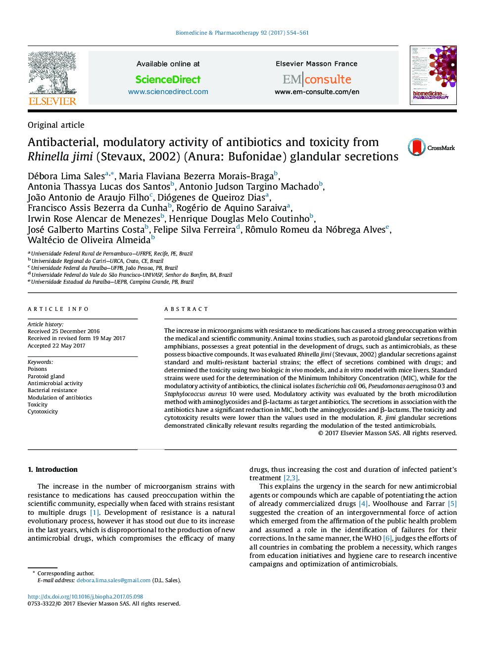 Antibacterial, modulatory activity of antibiotics and toxicity from Rhinella jimi (Stevaux, 2002) (Anura: Bufonidae) glandular secretions