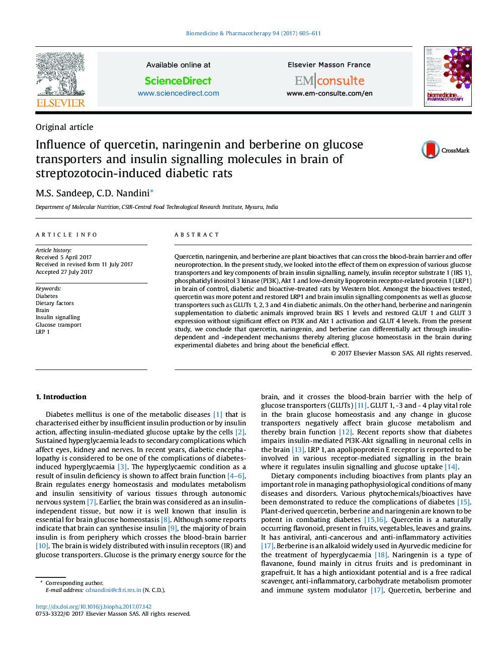 Influence of quercetin, naringenin and berberine on glucose transporters and insulin signalling molecules in brain of streptozotocin-induced diabetic rats