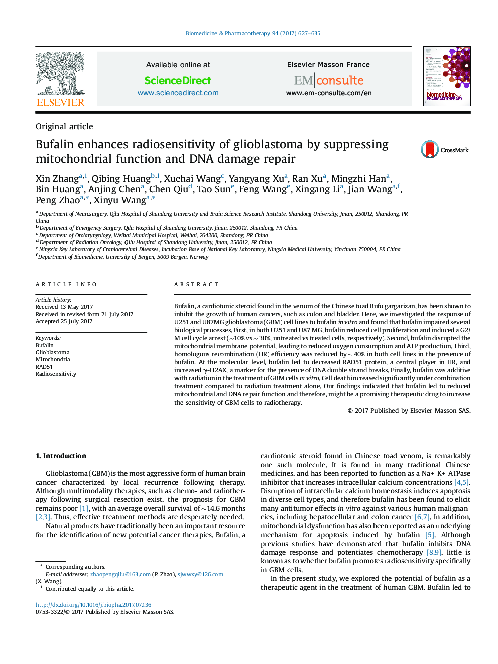 Bufalin enhances radiosensitivity of glioblastoma by suppressing mitochondrial function and DNA damage repair