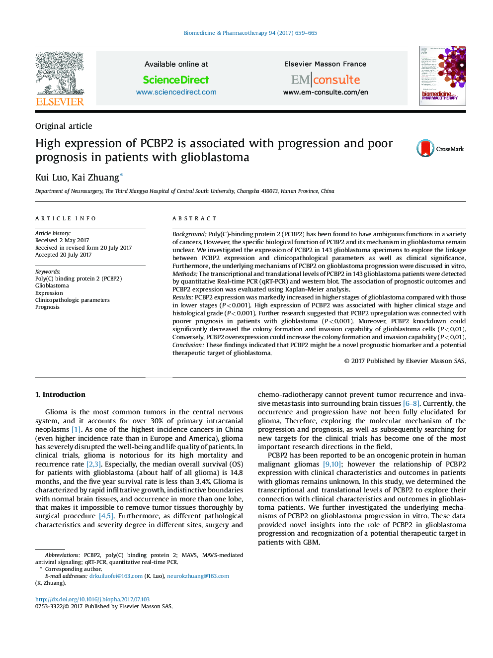 High expression of PCBP2 is associated with progression and poor prognosis in patients with glioblastoma