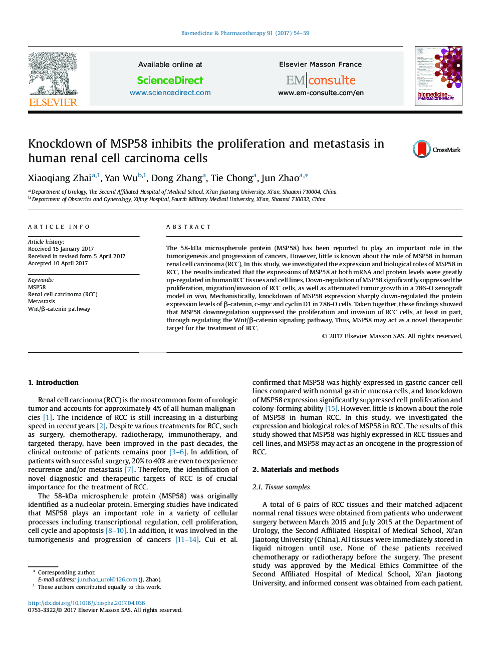 Knockdown of MSP58 inhibits the proliferation and metastasis in human renal cell carcinoma cells