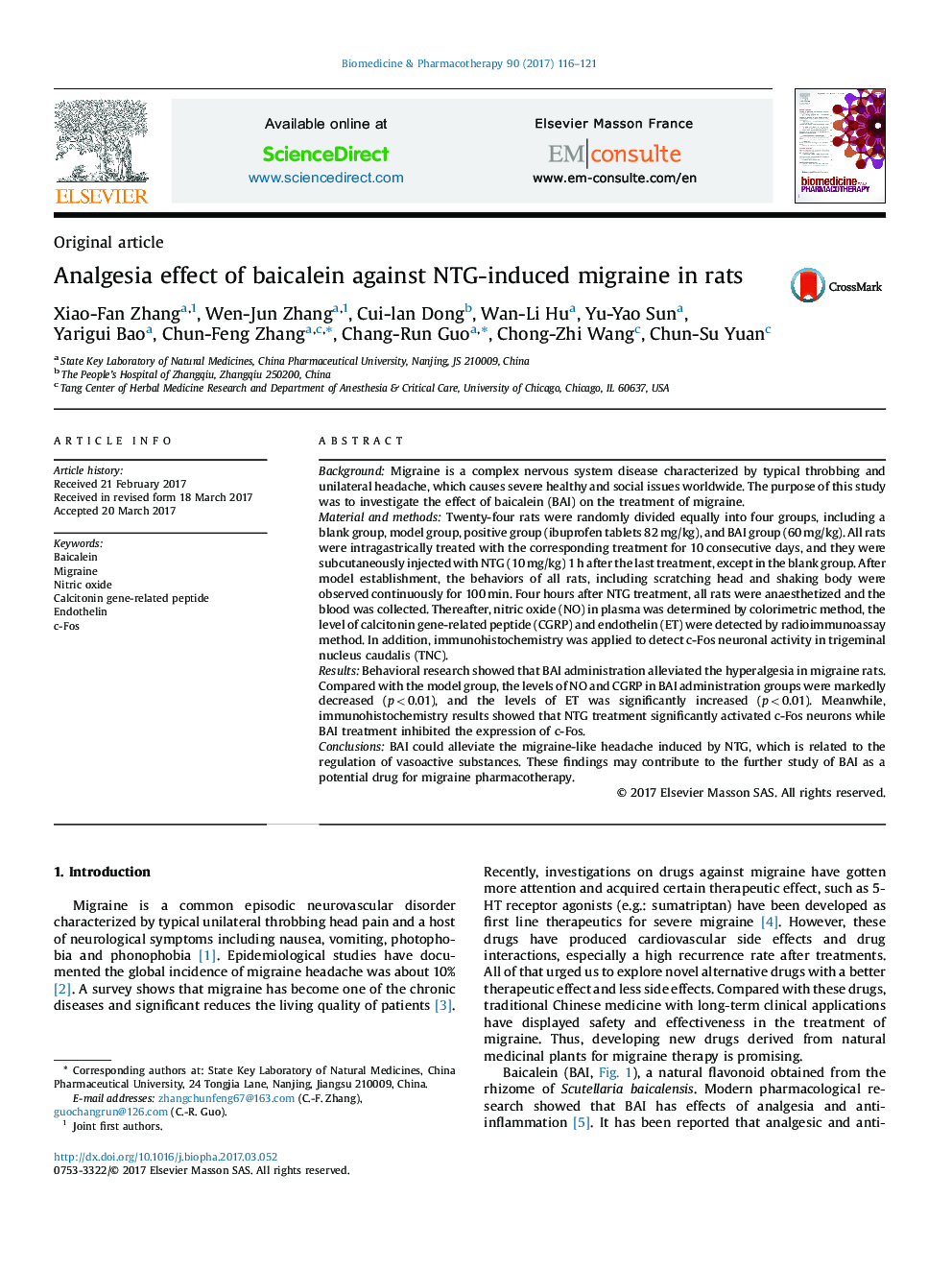 Analgesia effect of baicalein against NTG-induced migraine in rats