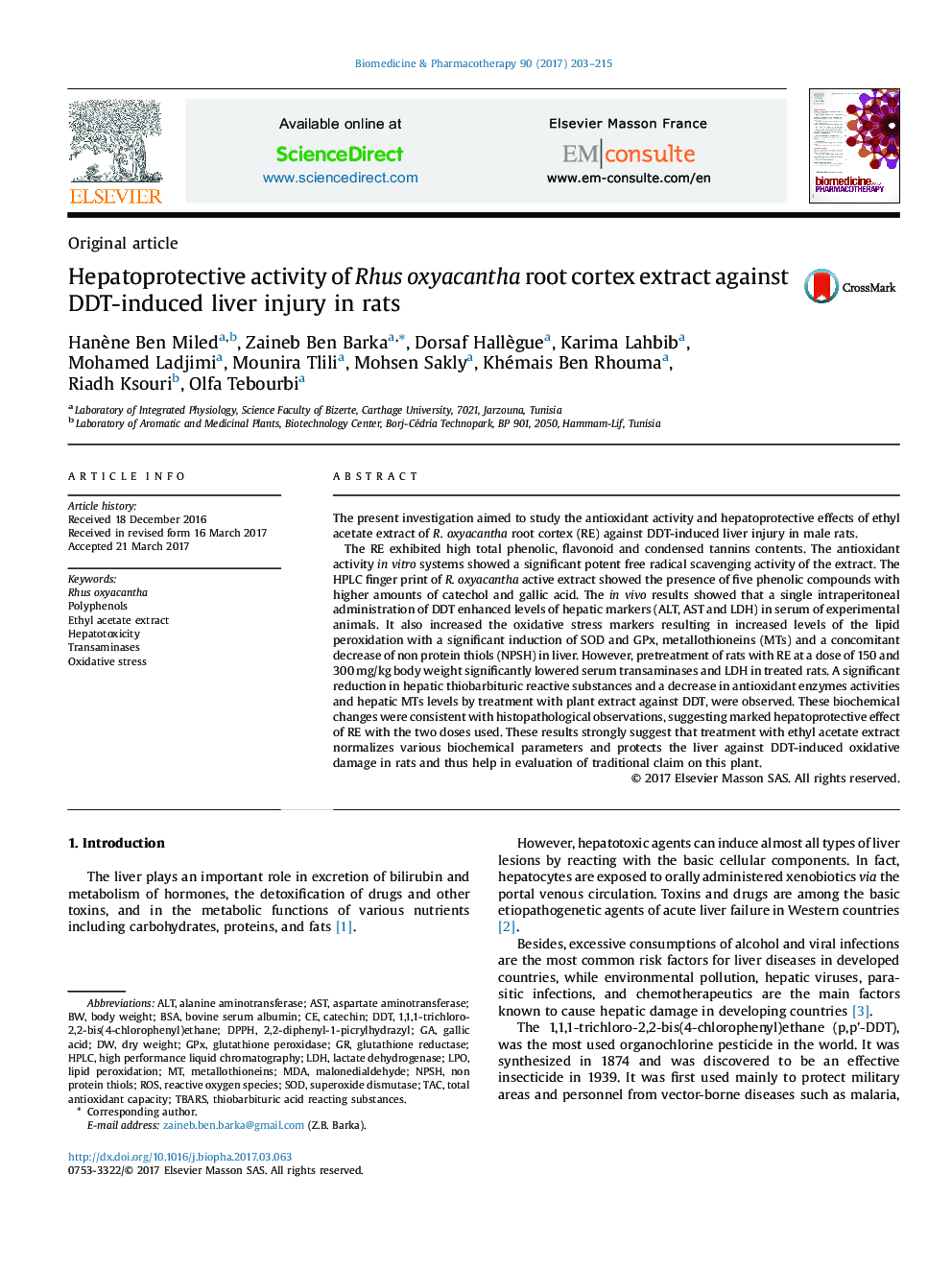 Hepatoprotective activity of Rhus oxyacantha root cortex extract against DDT-induced liver injury in rats