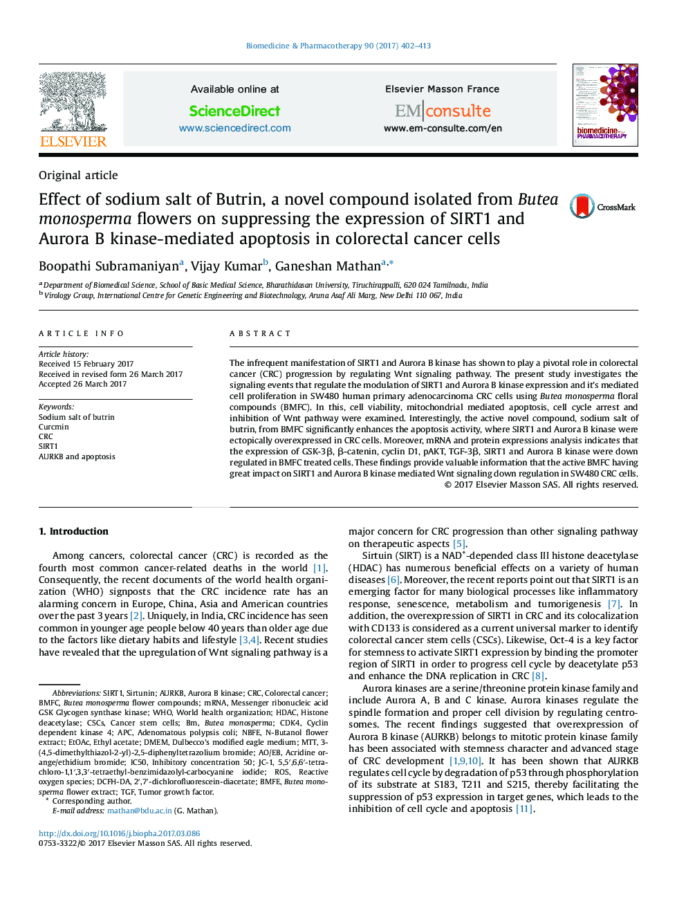 Effect of sodium salt of Butrin, a novel compound isolated from Butea monosperma flowers on suppressing the expression of SIRT1 and Aurora B kinase-mediated apoptosis in colorectal cancer cells