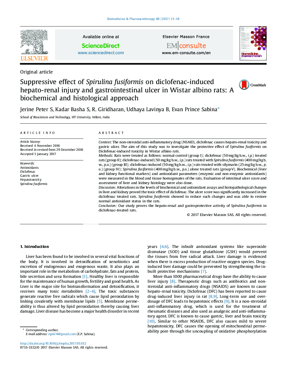 Suppressive effect of Spirulina fusiformis on diclofenac-induced hepato-renal injury and gastrointestinal ulcer in Wistar albino rats: A biochemical and histological approach