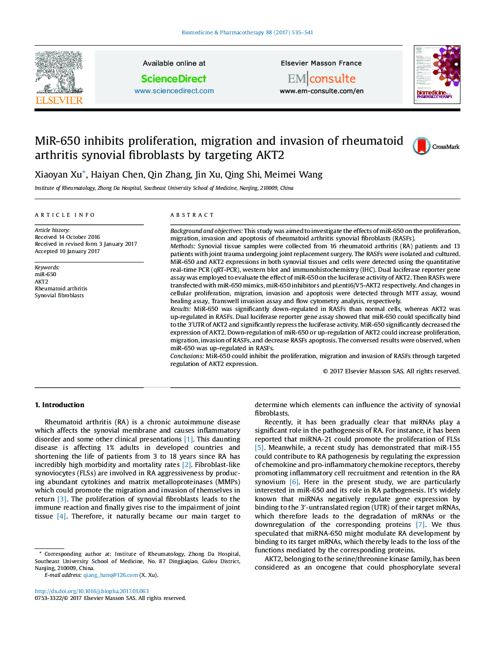MiR-650 inhibits proliferation, migration and invasion of rheumatoid arthritis synovial fibroblasts by targeting AKT2