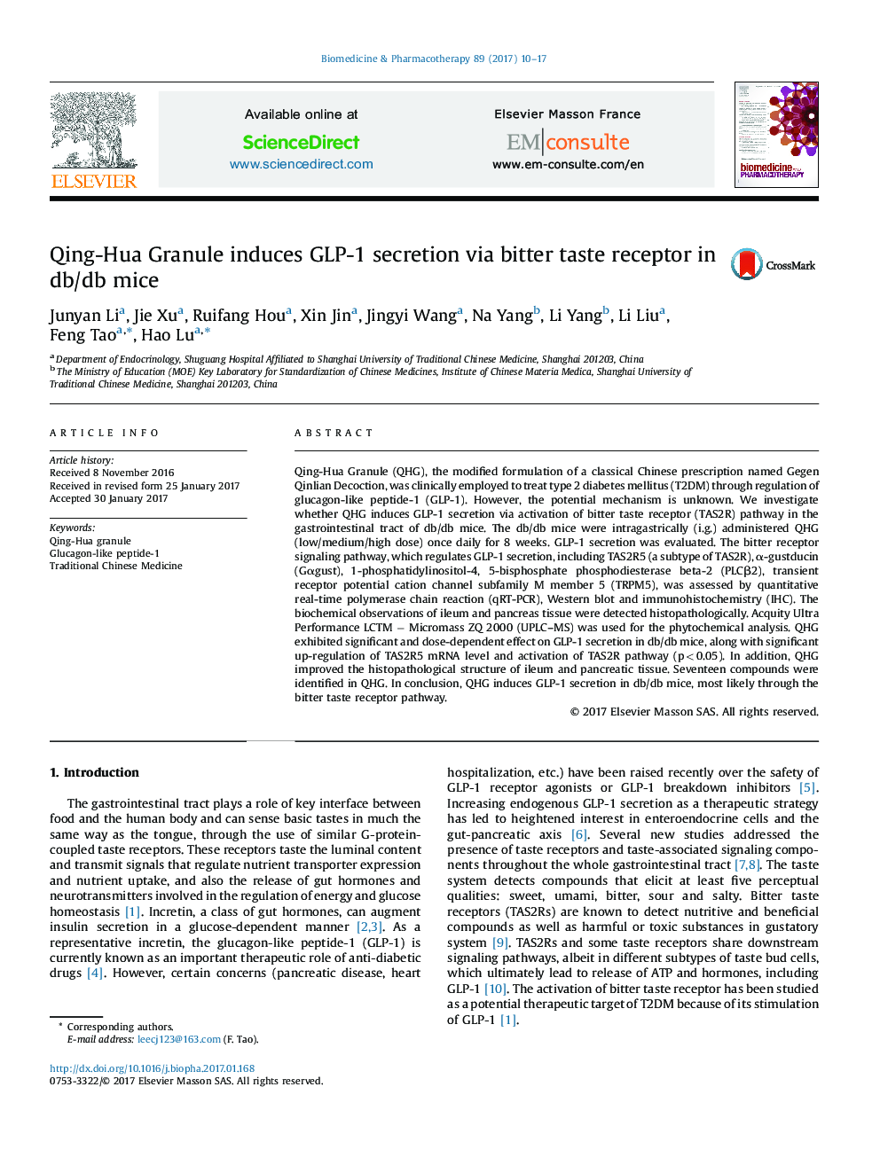 Qing-Hua Granule induces GLP-1 secretion via bitter taste receptor in db/db mice