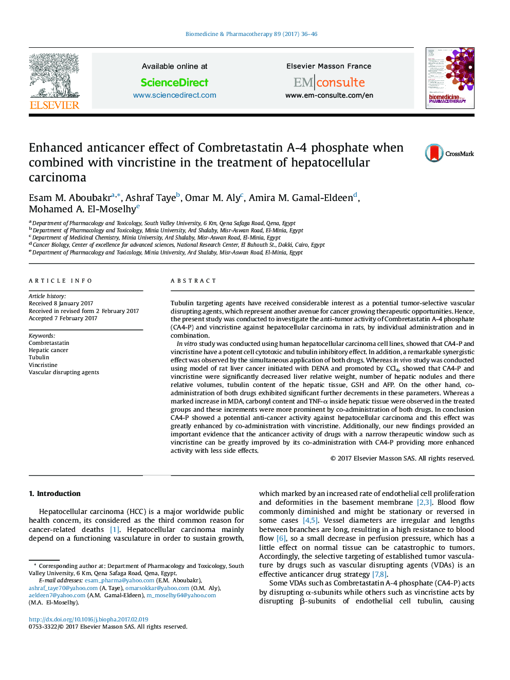 Enhanced anticancer effect of Combretastatin A-4 phosphate when combined with vincristine in the treatment of hepatocellular carcinoma