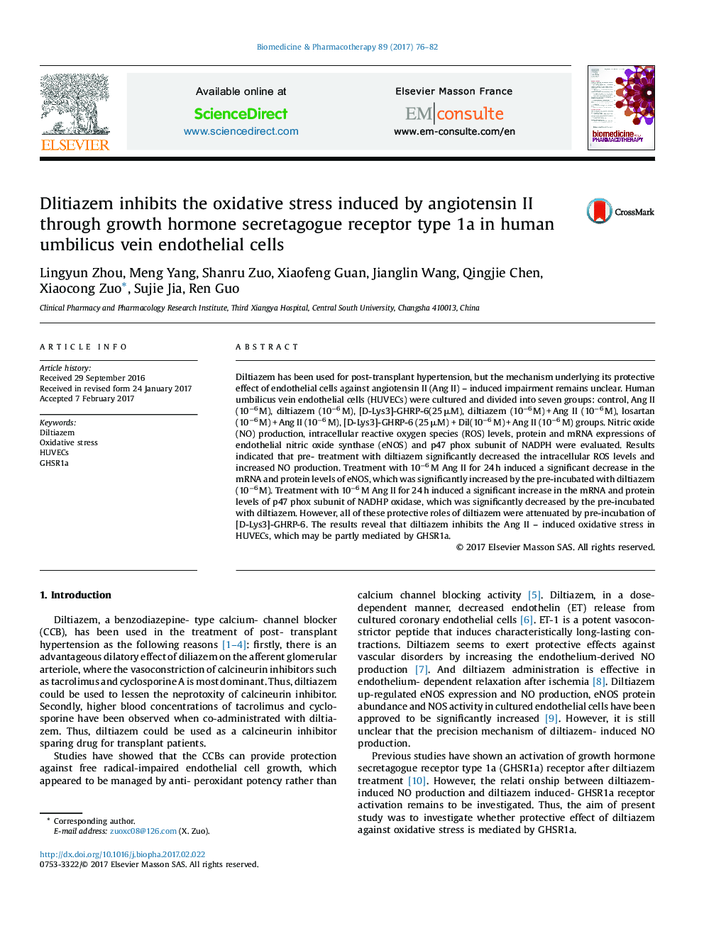 Dlitiazem inhibits the oxidative stress induced by angiotensin II through growth hormone secretagogue receptor type 1a in human umbilicus vein endothelial cells