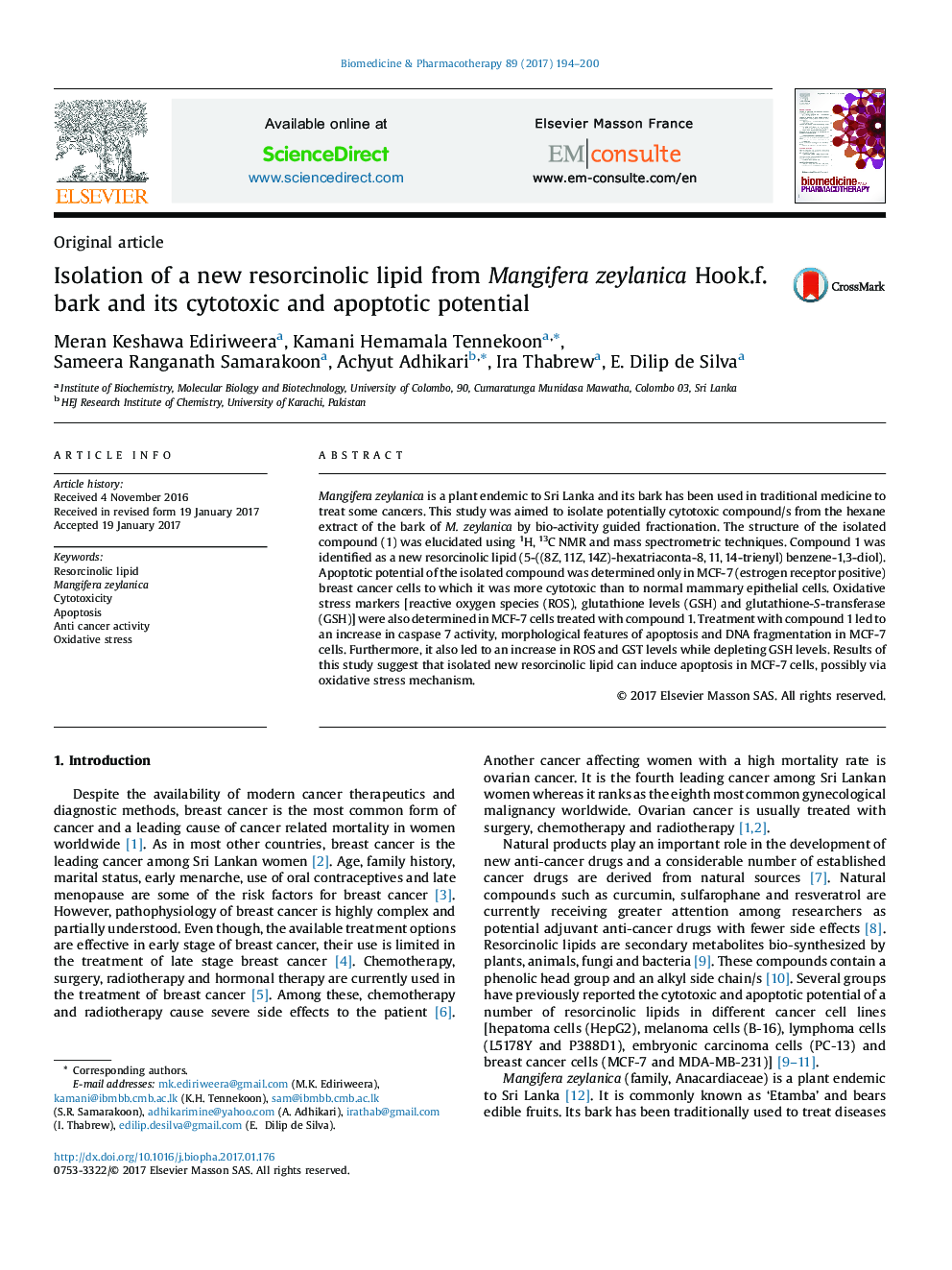 Isolation of a new resorcinolic lipid from Mangifera zeylanica Hook.f. bark and its cytotoxic and apoptotic potential