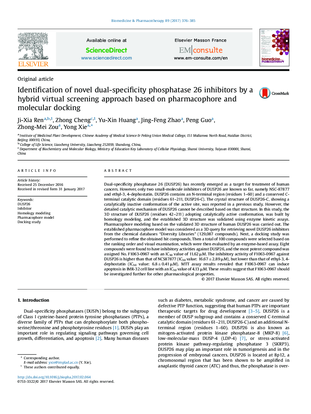 Identification of novel dual-specificity phosphatase 26 inhibitors by a hybrid virtual screening approach based on pharmacophore and molecular docking