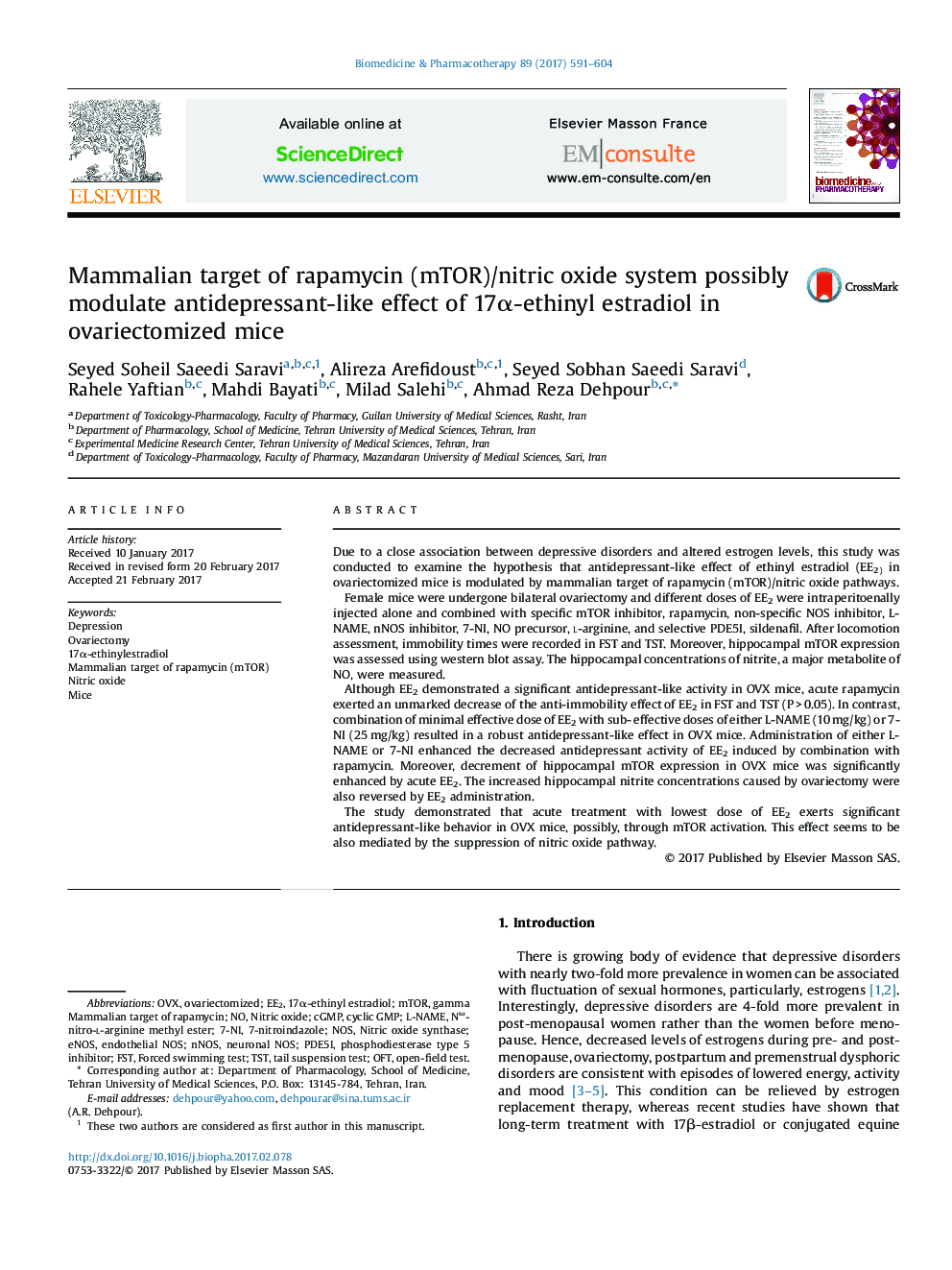 Mammalian target of rapamycin (mTOR)/nitric oxide system possibly modulate antidepressant-like effect of 17Î±-ethinyl estradiol in ovariectomized mice