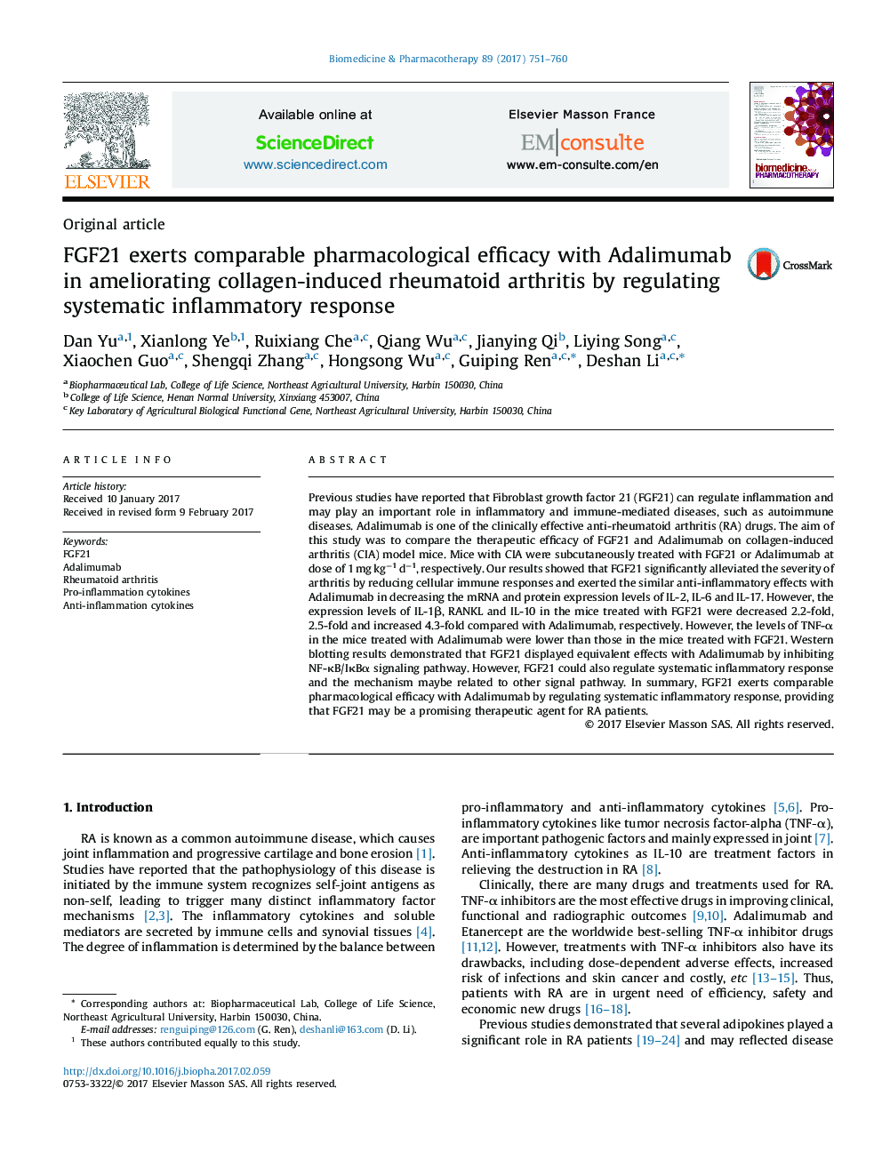 FGF21 exerts comparable pharmacological efficacy with Adalimumab in ameliorating collagen-induced rheumatoid arthritis by regulating systematic inflammatory response