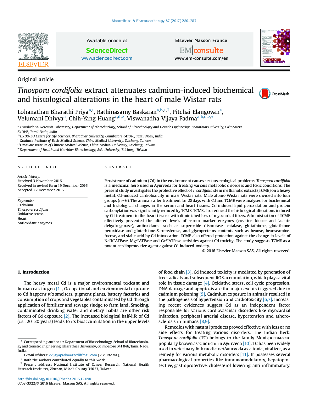 Tinospora cordifolia extract attenuates cadmium-induced biochemical and histological alterations in the heart of male Wistar rats