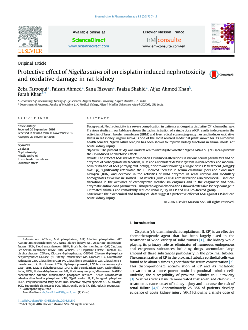 Protective effect of Nigella sativa oil on cisplatin induced nephrotoxicity and oxidative damage in rat kidney