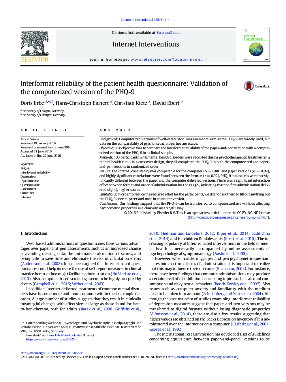 قابلیت اطمینان اینترفرم از پرسشنامه سلامت بیمار: تایید نسخه کامپیوتری PHQ-9