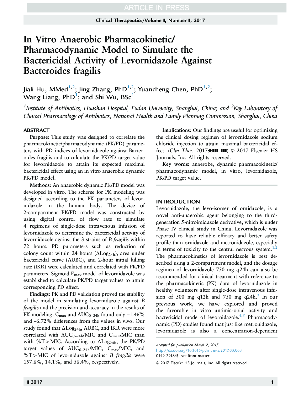 In Vitro Anaerobic Pharmacokinetic/Pharmacodynamic Model to Simulate the Bactericidal Activity of Levornidazole Against Bacteroides fragilis