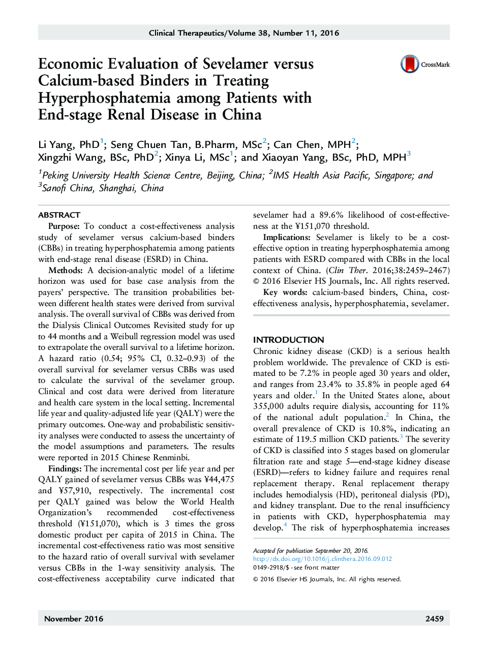 Economic Evaluation of Sevelamer versus Calcium-based Binders in Treating Hyperphosphatemia among Patients with End-stage Renal Disease in China